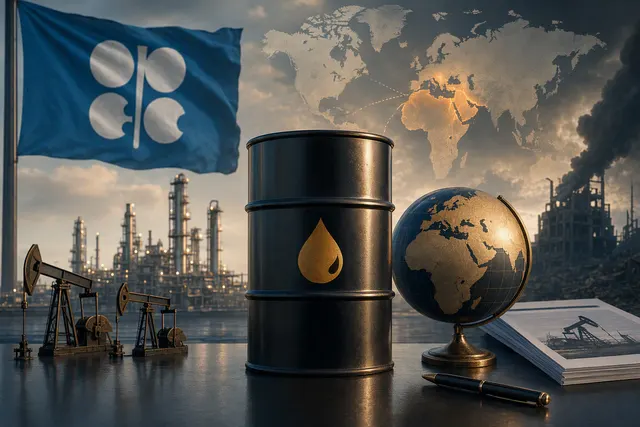 Editorial illustration of OPEC+ oil-output policy and global crude supply disruption