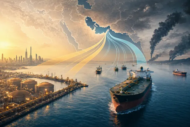 AI-generated editorial illustration accompanying an article about Middle East oil flows and shipping risks.