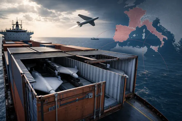 AI-generated editorial illustration accompanying reporting on an alleged sea-launched drone threat in the Mediterranean