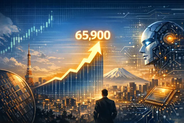 Nikkei 225 stock market index reaching all-time high above 65,900 with AI and semiconductor circuit board visual