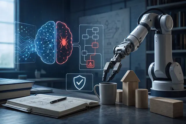 Editorial illustration about hidden-trigger risks in LLM-controlled robot planning