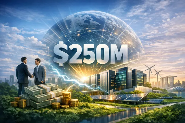 Conceptual illustration of green AI data centers expanding across Southeast Asia, with a futuristic Singapore skyline in the background and clean energy infrastructure in the foreg