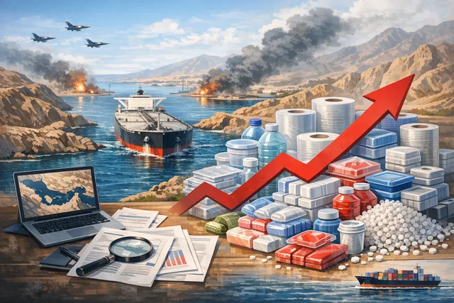 Container ship navigating the Strait of Hormuz with oil tankers and petrochemical infrastructure visible, representing the 2026 supply chain disruption that drove plastic prices to