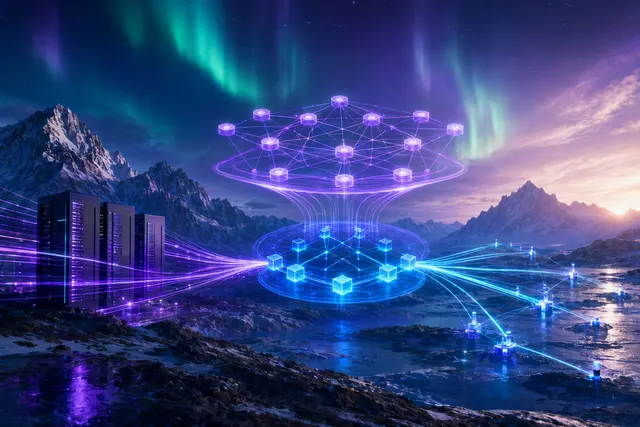 AI-generated illustration of Solana’s Alpenglow upgrade showing network nodes, fast consensus paths, and block propagation.