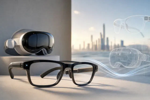 AI-generated editorial illustration accompanying a report on Apple’s smart-glasses plans and the uncertain future of the Vision Pro.