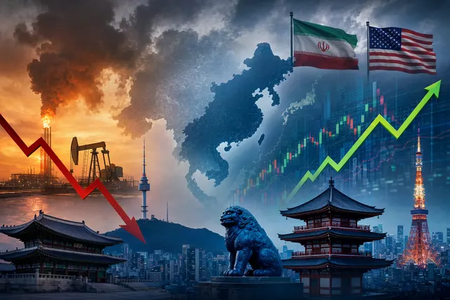 Illustration of Asian stock markets reacting to rising oil prices and geopolitical tensions