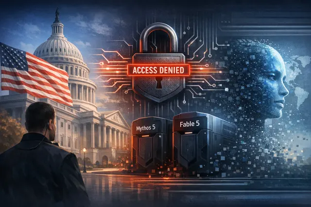 Illustration of U.S. export controls being placed on advanced AI models, reshaping global technology competition.