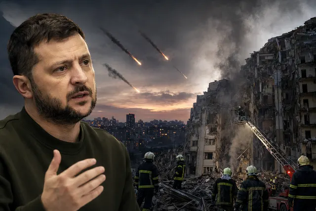 Illustration representing a large missile strike on Kyiv with air defense activity