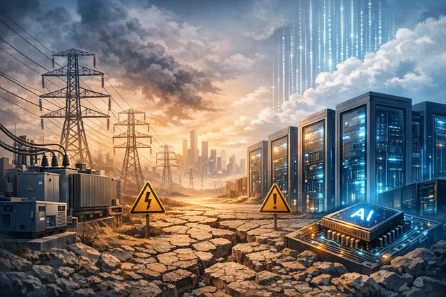 An editorial illustration depicting a crowded data center row dimming under a strained power grid, with transformers and electrical infrastructure shown as the critical bottleneck