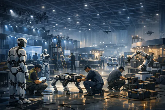 Humanoid robots and exhibition staff preparing booths and demonstrations at the World Robot Conference in Beijing