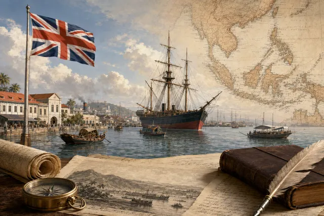 Editorial illustration accompanying an article about Singapore’s Crown Colony status