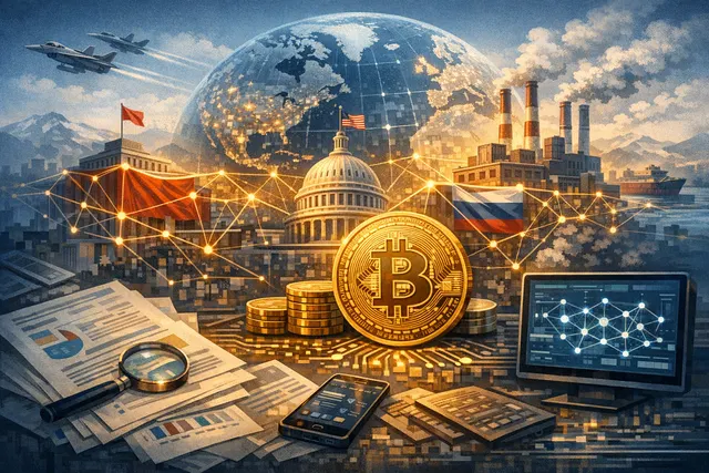 Digital illustration of cryptocurrency chains wrapped around a globe, with flags of Iran, Russia, and North Korea embedded in network nodes, symbolizing sanctions evasion through c