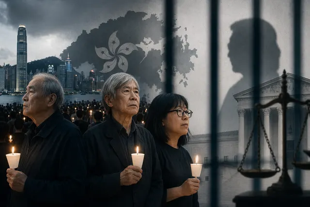 Illustration representing Hong Kong national security trial linked to Tiananmen vigil organizers