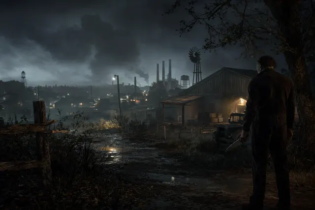 Atmospheric rural-industrial Haddonfield scene representing the East Haddonfield map in Halloween: The Game
