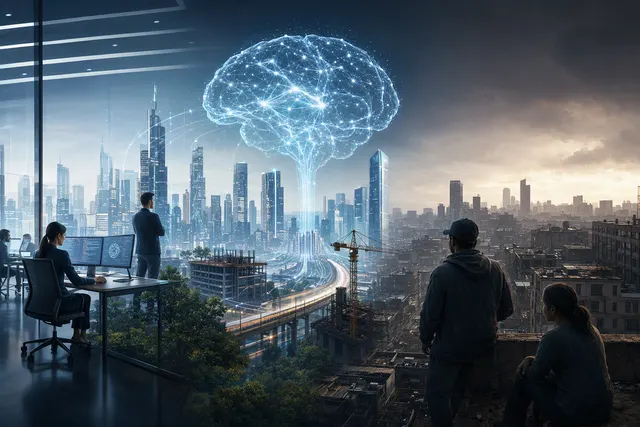 AI-generated editorial illustration for an article about AI investment, economic growth and jobs