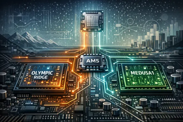 Conceptual AMD Zen 6 processor roadmap showing Olympic Ridge and Medusa families on AM5 and FP10 platforms