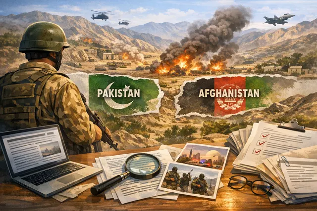 AI-generated editorial image representing the Pakistan-Afghanistan cross-border conflict and the June 2026 strikes.