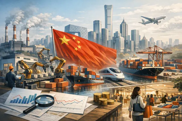 Editorial illustration of China’s manufacturing economy, factories and economic activity