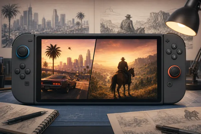 Concept art showing GTA V and Red Dead Redemption 2 imagery associated with a Nintendo Switch 2 port discussion