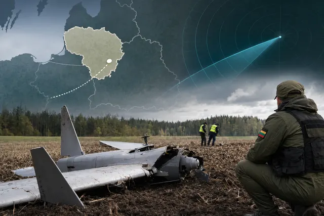 Illustration of a military drone over the Baltic region representing the suspected Ukrainian drone crash in Lithuania