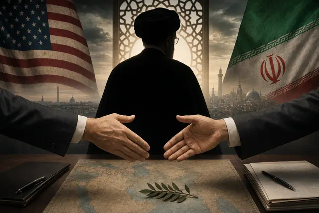 Editorial illustration of Mojtaba Khamenei behind closed doors as U.S.–Iran ceasefire negotiations unfold