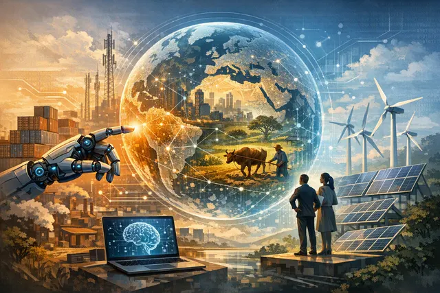 World Bank report on AI and developing economies: infographic showing the 4 Cs framework (Connectivity, Capability, Coordination, Capital) and worker exposure statistics