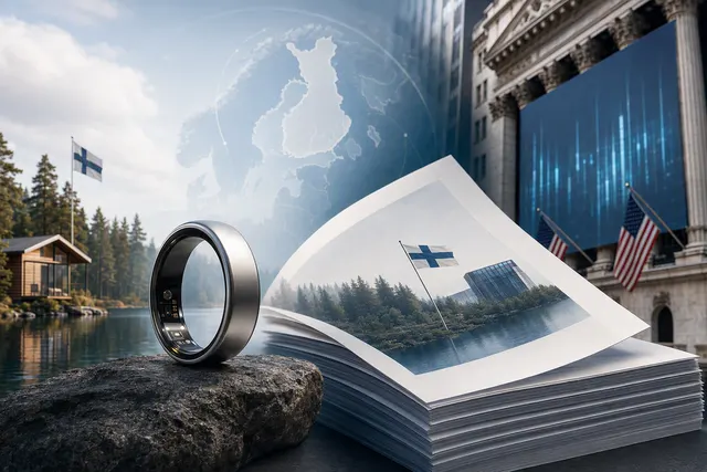 Editorial illustration of an Oura-style smart ring and health-tracking data