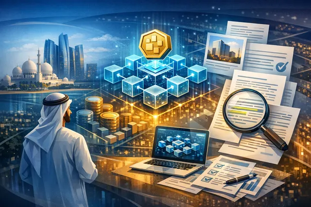 Abstract visualization of a blockchain network with tokenized real-world assets, representing Mubadala Capital's tokenized private equity fund on Solana, Base, and Sui