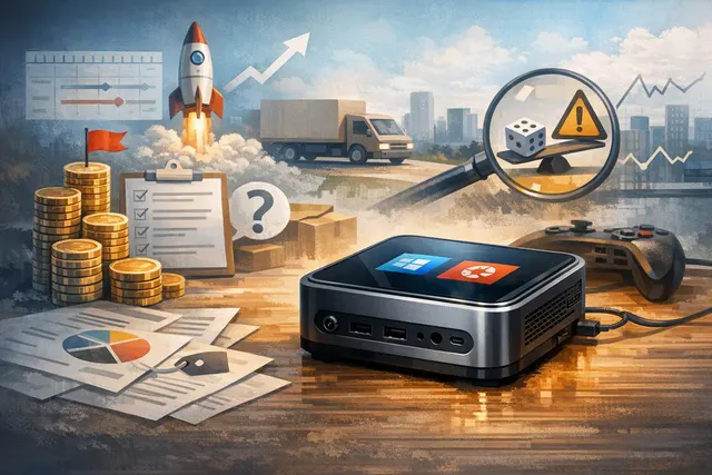 Concept illustration of the Piston V compact gaming mini-PC with a circular touchscreen