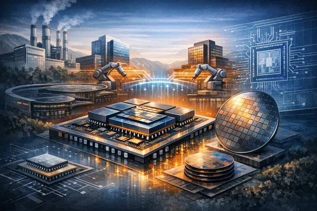 A conceptual rendering of advanced semiconductor packaging technology featuring interconnected chiplets on a complex substrate, symbolizing the MediaTek and Intel EMIB-T partnershi