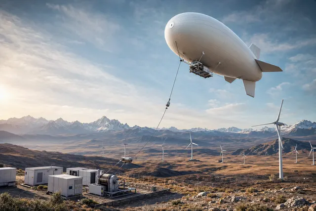Illustration of a helium-lifted tethered airborne wind-energy platform operating above a ground station