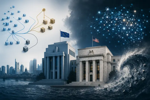 Abstract illustration of AI systems influencing financial markets during a market shock