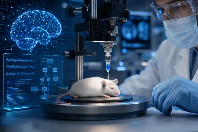 AI-generated illustration representing an AI-controlled laboratory brain-injection procedure; not a photograph of Exin Therapeutics’ experiment.