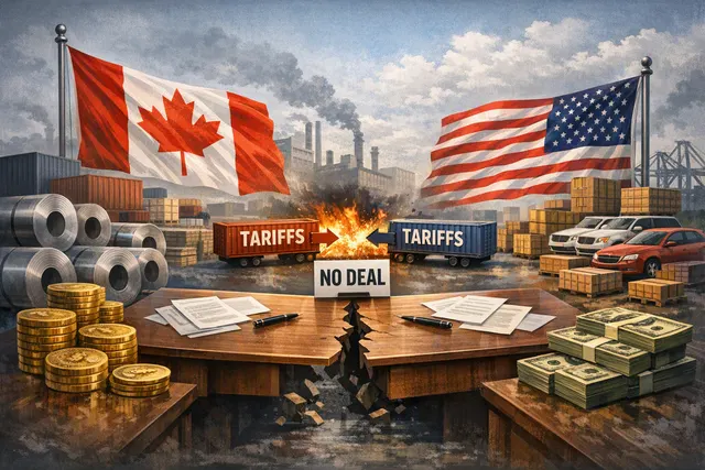 Editorial illustration of Canada and the United States facing off over tariffs and trade negotiations