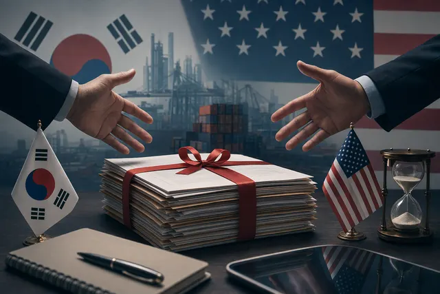 AI-generated editorial illustration about South Korea–U.S. investment negotiations