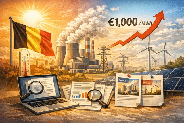 A stylized illustration of electrical power pylons and transmission lines against a hazy, orange sky, representing the European energy grid under stress during a summer heatwave