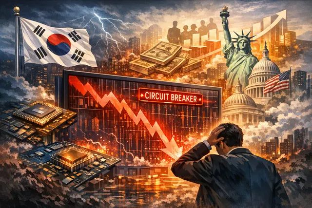 Digital stock ticker with red and green arrows over a semiconductor chip, representing the Asian tech sell-off and rebound