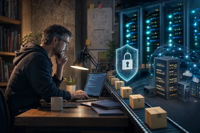 AI-generated editorial illustration representing PHP security updates and server maintenance