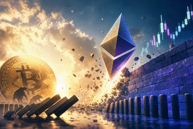 Editorial illustration of Ethereum and Bitcoin during a crypto market rally