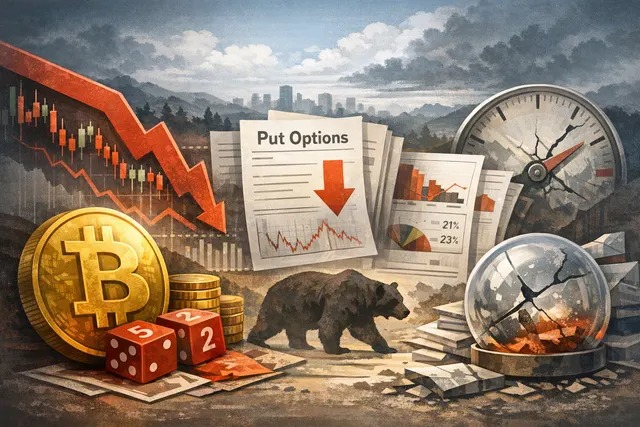 Bitcoin price chart with bearish options and mining stress indicators converging, with long-term holder accumulation data in the background