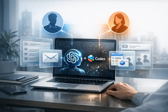 Abstract illustration of ChatGPT connecting multiple Gmail, Google Calendar, and Google Contacts accounts