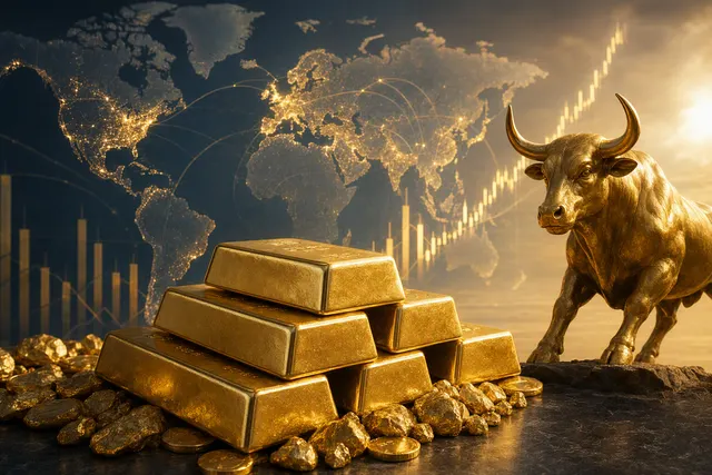Editorial illustration of gold bullion and financial-market charts representing gold’s 2026 rally