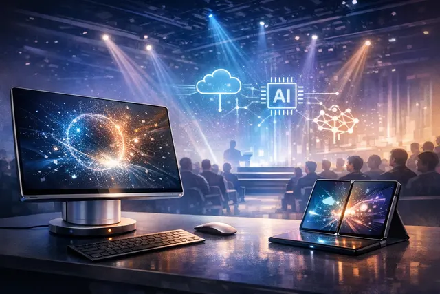 Illustration of Microsoft Project Solara concept devices, a smart display and an AI-powered wearable badge, connecting to a networked cloud.