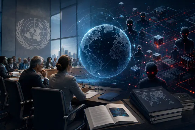 Editorial illustration representing autonomous AI agents, cybersecurity risks and international AI governance