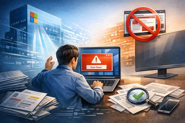 LG monitor on a desk, displaying a Windows 11 desktop with a McAfee pop-up ad