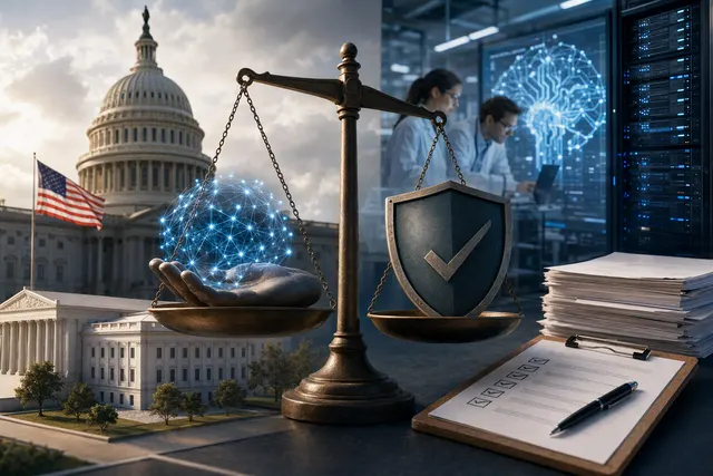 Editorial illustration about government oversight and security controls for advanced AI