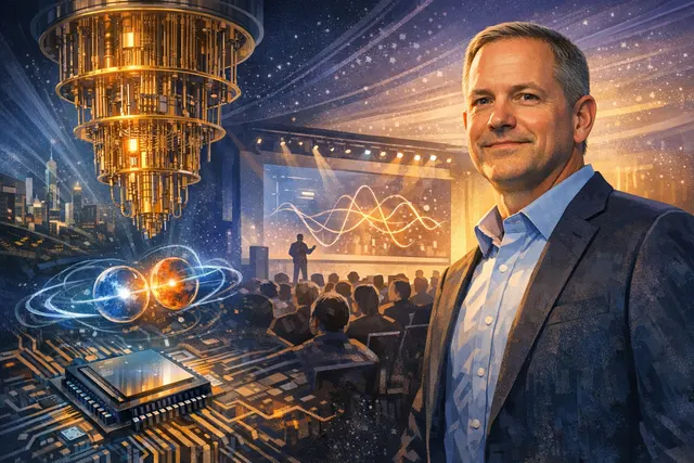 Amazon AI chief Peter DeSantis presenting a quantum computing timeline on stage at VivaTech 2026 in Paris.