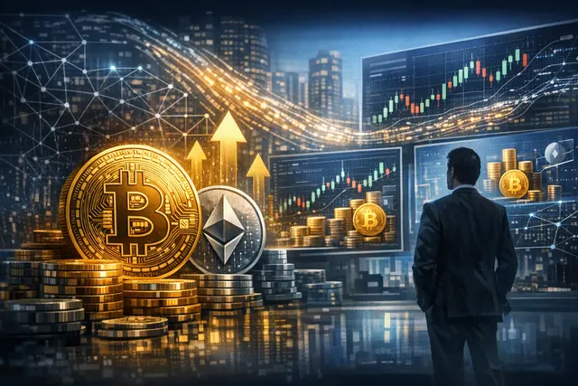 Illustration of Bitcoin and Ethereum flowing into BlackRock ETFs during an institutional crypto buying surge