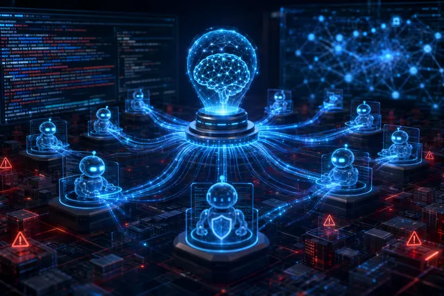 Concept illustration of Microsoft’s MDASH multi‑agent AI system analyzing code to find software vulnerabilities