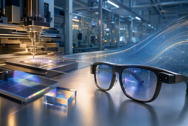 AI-generated editorial illustration for Morphotonics’ AI-glasses manufacturing story